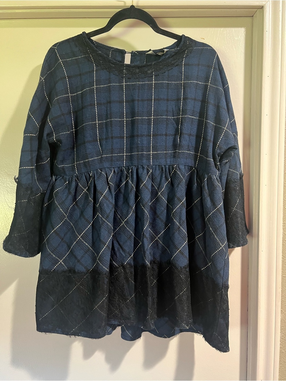 Suzanne Betro Navy Plaid Top with Silver Threading